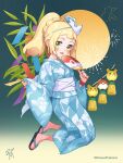  1girl alolan_vulpix alternate_costume black_footwear blonde_hair blunt_bangs blush character_print commentary_request eyelashes floral_print from_side full_body green_eyes highres holding holding_paddle japanese_clothes kimono kinocopro lillie_(pokemon) long_hair open_mouth paddle pikachu pokemon pokemon_(game) pokemon_sm ponytail sandals sash smile solo twitter_username watermark white_sash wide_sleeves wristband 