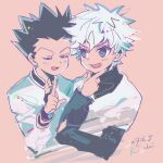  2boys anzu_(pixiv) black_hair child closed_eyes commentary_request gon_freecss hand_on_another&#039;s_shoulder hands_on_own_face hunter_x_hunter killua_zoldyck long_sleeves male_child male_focus multiple_boys open_mouth pink_hair short_hair sketch spiky_hair 