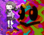  1girl abstract_background blush braid brown_hair closed_eyes closed_mouth full_body glitch highres kuronekozonbi kyukkyu-kun long_sleeves madotsuki miniskirt purple_skirt purple_sweater red_footwear skirt socks standing sweater twin_braids white_socks yume_nikki 