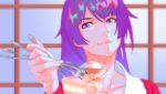  1girl blue_eyes cake closed_mouth collarbone collared_shirt eyelashes food fork gradient_hair hand_up holding indoors long_hair looking_at_viewer monogatari_(series) multicolored_hair parted_bangs pastry portrait purple_hair rapa_rachi red_shirt senjougahara_hitagi shadow shirt sidelocks solo 