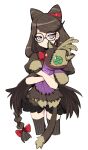  1girl bayonetta_(series) bayonetta_origins:_cereza_and_the_lost_demon black-framed_eyewear black_hair blue_eyes button_eyes cereza commentary cone_hair_bun cowboy_shot cropped_legs dede_(qwea_00000) doll glasses hair_bun holding holding_doll holding_stuffed_toy looking_at_viewer simple_background solo striped striped_thighhighs stuffed_toy symbol-only_commentary thigh-highs white_background 