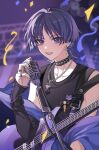  1boy alternate_costume black_tank_top blue_eyes confetti earrings genshin_impact guitar highres holding holding_instrument holding_microphone_stand instrument jacket jacket_partially_removed jewelry male_focus microphone microphone_stand multiple_earrings open_mouth purple_hair purple_jacket scaramouche_(genshin_impact) short_hair smile solo tank_top teeth unik0503 