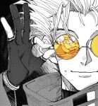  1boy closed_mouth collared_jacket fingerless_gloves gannnmoo glasses gloves greyscale hand_up highres long_sleeves looking_at_viewer male_focus monochrome portrait round_eyewear short_hair smile solo spiky_hair spot_color tinted_eyewear trigun vash_the_stampede yellow-tinted_eyewear 