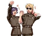  +++ 2boys :d ^_^ arm_up belt black_wristband blonde_hair brown_jacket camouflage camouflage_pants camouflage_shirt char_aznable closed_eyes garma_zabi gundam hair_over_one_eye hand_on_own_neck high_collar holding_hands jacket kade_punch long_sleeves male_focus mobile_suit_gundam_the_origin multiple_boys open_mouth pants purple_hair shirt short_hair simple_background sleeveless sleeveless_jacket sleeves_rolled_up smile sweat white_background wristband 