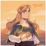  1girl blonde_hair blue_eyes blue_tunic clouds cloudy_sky highres long_hair long_sleeves looking_at_viewer orphetoon pointy_ears princess_zelda puffy_long_sleeves puffy_sleeves sky standing sunset the_legend_of_zelda the_legend_of_zelda:_breath_of_the_wild triforce 