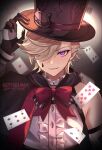  1boy absurdres black_gloves bow bowtie card genshin_impact gloves hair_over_one_eye hand_up hat highres kiyukumaa lyney_(genshin_impact) playing_card red_bow red_bowtie short_hair smirk solo teardrop_tattoo top_hat upper_body violet_eyes white_hair 
