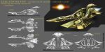  alj0708 amarr_empire_(eve_online) battleship_(eve_online) commentary concept_art english_text eve_online from_side glowing highres military_vehicle multiple_views no_humans original outdoors reference_sheet science_fiction space star_(sky) thrusters vehicle_focus 