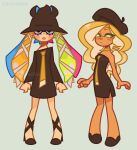  2girls artist_name bare_shoulders bibi_(splatoon) black_dress black_eyes black_footwear black_headwear blonde_hair blue_hair blush brown_hair cheermiko dress green_eyes hat highres long_sleeves multicolored_hair multiple_girls necktie orange_hair pink_hair simple_background splatoon_(series) splatoon_2 standing strapless strapless_dress tentacle_hair white_background yellow_necktie yoko_(splatoon) 