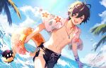  1boy absurdres artist_name beach bishounen black_hair blue_sky highres jewelry kiyukumaa male_focus necklace open_clothes open_shirt ounen outdoors shirt short_hair shorts shoto_(vtuber) sky smile solo tagme toned toned_male violet_eyes 