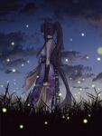  1girl animal_ears arms_at_sides black_hair breasts chest_sarashi choker clouds detached_sleeves fireflies floral_print grass high_ponytail highres horse_ears horse_girl horse_tail japanese_clothes kimono long_hair narita_brian_(heavenly_laughter_kaburaya)_(umamusume) narita_brian_(umamusume) obi official_alternate_costume outdoors ponytail purple_kimono sarashi sash small_breasts solo standing sunset tail the_sounds_of_autumn_(umamusume) twitter_username umamusume uruimu watermark 