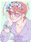  1boy amagi_75 birthday character_name collarbone dated earrings facepaint facial_mark flower happy_birthday head_wreath highres hisoka_morow hunter_x_hunter jewelry long_sleeves looking_at_viewer male_focus purple_shirt redhead shirt short_hair simple_background smile solo star_(symbol) star_facial_mark teardrop_facial_mark teardrop_tattoo upper_body white_flower wristband yellow_eyes 