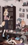  4girls alternate_costume animal_ears bare_shoulders black_hair black_skirt blanket blonde_hair blue_shirt blush book casual cat cat_ears cat_girl commentary common_raccoon_(kemono_friends) contemporary extra_ears fennec_(kemono_friends) fox_ears fox_girl fox_tail frilled_shirt_collar frills green_skirt grey_hair highres kaban_(kemono_friends) kemono_friends long_sleeves multicolored_hair multiple_girls nanana_(nanana_iz) pink_shirt puffy_short_sleeves puffy_sleeves raccoon_ears raccoon_girl reading sailor_collar serval_(kemono_friends) shirt short_hair short_sleeves sitting skirt sleeping slippers striped striped_skirt suspender_skirt suspenders sweater tail two-tone_hair white_sweater 