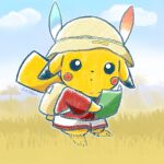  backpack bag black_eyes blue_sky bright_pupils brown_bag chiren_(kc_chen) clouds cosplay grass hat_feather holding holding_map kaban_(kemono_friends) kaban_(kemono_friends)_(cosplay) kemono_friends map open_mouth outdoors pikachu pokemon red_shirt shirt shorts sky solo white_pupils white_shorts 