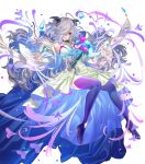  1girl ahoge bare_shoulders blue_hair boots breasts dress eitr_(fire_emblem) fire_emblem fire_emblem_heroes floating floating_object flower full_body gradient_clothes hair_over_one_eye high_heel_boots high_heels highres horns kippu long_hair long_sleeves medium_breasts multicolored_hair non-web_source official_art open_mouth pelvic_curtain petals purple_hair red_eyes solo thigh_boots thighs transparent_background 