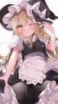  1girl apron black_headwear black_skirt black_vest blonde_hair blush bow braid collared_shirt frilled_apron frilled_skirt frills grin hair_between_eyes hat hat_bow highres kirisame_marisa komomo_(ptkrx) long_hair looking_at_viewer one_eye_closed puffy_short_sleeves puffy_sleeves shirt short_sleeves simple_background single_braid skirt smile solo touhou vest waist_apron white_apron white_background white_bow white_shirt witch_hat yellow_eyes 