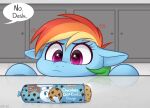 blue_fur cookie english_text food higgly.town.hero indoors looking_ahead multicolored_hair my_little_pony my_little_pony:_friendship_is_magic no_humans pegasus rainbow_dash rainbow_hair solo speech_bubble upper_body violet_eyes 