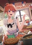  1girl :d absurdres apple apron balloon basket blush cat chonkers_(takanashi_kiara) collarbone cooking_pot duster erezu feathers food frills fruit hand_up happy_birthday highres holding holding_food hololive hololive_english indoors kfp_employee_(takanashi_kiara) kitchen open_mouth orange_hair oven_mitts pie plate ponytail smile smoothie_(takanashi_kiara) stew table takanashi_kiara violet_eyes virtual_youtuber window 