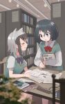  2girls alternate_costume animal_ears black_hair blue_bow blue_bowtie blue_eyes blush book bow bowtie collared_shirt commentary common_raccoon_(kemono_friends) desk extra_ears green_sweater_vest grey_hair highres kaban_(kemono_friends) kemono_friends library long_sleeves matching_outfits multicolored_hair multiple_girls nanana_(nanana_iz) open_mouth pencil puffy_short_sleeves puffy_sleeves raccoon_ears raccoon_girl red_bow red_bowtie school_uniform shirt short_hair short_sleeves sidelocks sweater_vest t-shirt tears two-tone_hair white_shirt 