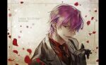  1boy adoniszaf birthday black_gloves black_necktie character_name dated formal gloves happy_birthday hisoka_morow hunter_x_hunter looking_at_viewer male_focus necktie red_background redhead short_hair smile solo suit upper_body yellow_eyes 