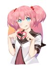  1girl black_sailor_collar blue_eyes collarbone dokka_no_kuni_no_kokuou eyelashes hair_between_eyes hair_bobbles hair_ornament heart heart_hands highres light_blush nanamori_school_uniform pink_hair sailor_collar school_uniform short_sleeves short_twintails solo tongue tongue_out twintails upper_body white_background yoshikawa_chinatsu yuru_yuri 