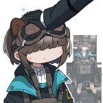  1girl 1other arknights banbon brown_hair character_request commentary covered_eyes dot_mouth goggles goggles_on_head hair_over_eyes hand_on_another&#039;s_head headpat jacket reference_inset short_hair simple_background sweater turtleneck turtleneck_sweater upper_body white_background 
