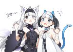  123ab456c 2girls animal_ears bare_shoulders black_bodysuit black_eyes black_hair black_hairband blue_eyes blue_necktie bodysuit bombinata_(punishing:_gray_raven) braid cat_ears cat_tail detached_sleeves doll_joints dress fake_animal_ears fake_tail fang grey_eyes grey_hair grey_nails hair_ornament hairband heart heart-shaped_pupils heart_hair_ornament heterochromia highres joints long_hair mechanical_arms mechanical_parts multicolored_hair multiple_girls necktie no.21:_feral_scent_(punishing:_gray_raven) no.21_(punishing:_gray_raven) open_mouth paw_pose punishing:_gray_raven symbol-shaped_pupils tail twin_braids two-tone_hair white_background white_dress white_hair wide_sleeves wolf_ears wolf_tail 