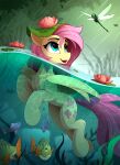  1girl blue_eyes bug dragonfly fish flower fluttershy highres lily_pad lotus male_swimwear my_little_pony my_little_pony:_friendship_is_magic no_humans outdoors partially_submerged pegasus pink_flower pink_hair swim_trunks water yakovlev-vad yellow_fur 