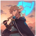  1boy axe belt blonde_hair blue_eyes blue_tunic clouds cloudy_sky earrings highres holding holding_axe jewelry link male_focus orphetoon sky sunset the_legend_of_zelda the_legend_of_zelda:_breath_of_the_wild 