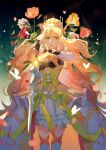  1girl blonde_hair celine_(fire_emblem) corset crown d4ggerfish dress english_commentary fire_emblem fire_emblem_engage flower frilled_dress frills green_eyes hair_ornament highres holding holding_sword holding_weapon levin_sword long_hair ribbon sword very_long_hair weapon 