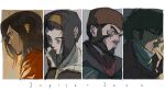  beard brown_jacket closed_mouth cowboy_bebop facial_hair faye_valentine grencia_mars_elijah_guo_eckener hairband highres jacket jet_black lipstick makeup multiple_boys scar scar_across_eye sona_(mmediocreman) spike_spiegel yellow_hairband 