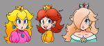  3girls blonde_hair blue_dress blue_eyes brooch brown_hair crown dress earrings flower_earrings grey_background hair_over_one_eye highres jewelry long_hair looking_at_viewer medium_hair multiple_girls off-shoulder_dress off_shoulder pink_dress princess_daisy princess_peach puffy_short_sleeves puffy_sleeves rosalina short_sleeves star_(symbol) star_earrings super_mario_bros. teeth twitter_username upper_body upper_teeth_only xetami yellow_dress 