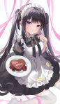 1girl absurdres apron black_bow black_bowtie black_dress black_hair blush bow bowtie breasts candy chocolate choppy_bangs dress food frilled_apron frills happy_valentine heart heart-shaped_chocolate highres holding holding_plate juliet_sleeves long_hair long_sleeves looking_at_viewer maid maid_apron maid_headdress medium_breasts original parted_lips plate puffy_sleeves ri_yonn sidelocks sitting solo thigh-highs twintails valentine very_long_hair violet_eyes wariza white_apron white_thighhighs 