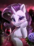  1girl blue_eyes blush bottle cup drinking_glass flower highres hydrangea light262 long_hair looking_at_viewer my_little_pony my_little_pony:_friendship_is_magic no_humans purple_flower purple_hair rarity signature solo solo_focus table unicorn upper_body white_fur wine_bottle wine_glass 