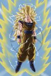  1boy absurdres arms_at_sides aura biceps blonde_hair blue_eyes blue_footwear blue_sash blue_shirt blue_sky blue_wristband boots clenched_hands commentary_request day dougi dragon_ball dragon_ball_z electricity energy floating full_body halo highres long_hair male_focus muscular muscular_male no_eyebrows orange_pants pants parted_lips pectorals sash shirt short_sleeves sky smile solo son_goku spiky_hair super_saiyan super_saiyan_3 toshi-chan v-shaped_eyebrows very_long_hair wristband 