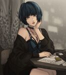  1girl black_coat blue_dress blue_hair breasts brown_eyes choker cipcal coat dress hand_on_own_chin highres jewelry legs looking_at_viewer medium_breasts necklace persona persona_5 shin_megami_tensei takemi_tae 