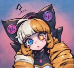 1girl :o ? animal_ears blue_eyes blunt_bangs brown_hair covered_collarbone fake_animal_ears gwen_(league_of_legends) hood hood_up league_of_legends looking_at_viewer multicolored_background official_alternate_costume phantom_ix_row portrait red_eyes solo soul_fighter_gwen white_hair 
