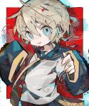  1boy abstract_background bandaged_fingers bandages bandaid bandaid_on_cheek bandaid_on_face black_sailor_collar black_shorts black_sleeves blonde_hair blue_eyes border bright_pupils cowboy_shot detached_sleeves gauze glitch hair_between_eyes hands_up headset highres kagamine_len looking_at_viewer male_focus microphone mismatched_pupils necktie open_mouth outside_border red_background sailor_collar shirt short_hair short_sleeves shorts smile solo soresaki vocaloid white_border white_pupils white_shirt wide_sleeves yellow_necktie 