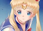  1girl bishoujo_senshi_sailor_moon blonde_hair blue_eyes blue_sailor_collar choker circlet crescent crescent_earrings earrings eyelashes hair_bun heart highres iko_(iko47159940) jewelry meme parted_bangs parted_lips red_choker sailor_collar sailor_moon sailor_moon_redraw_challenge_(meme) sailor_senshi_uniform solo tile_floor tiles twintails upper_body 