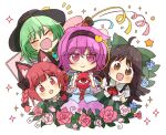  4girls :&gt; :d ahoge animal_ear_fluff animal_ears black_bow black_hair blush bow braid cat_ears chest_jewel chibi closed_eyes commentary_request dot_nose flower hair_bow hair_ornament hair_ribbon hairband heart heart_hair_ornament kaenbyou_rin komeiji_koishi komeiji_satori long_hair multiple_girls open_mouth pink_eyes pink_flower pink_hair red_eyes redhead reiuji_utsuho ribbon rose smile sparkle star_(symbol) third_eye totoharu_(kujirai_minato) touhou tress_ribbon twin_braids white_flower 