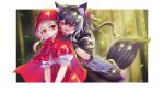  2girls animal_ears black_hair blonde_hair buttons capelet cloak commentary forest highres hitatsuphat hood leaf little_red_riding_hood multiple_girls nature nijigen_project nika_lan_linh nika_linh_lan red_capelet red_cloak red_eyes tail virtual_youtuber wolf_girl wolf_tail 