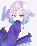  1girl anemone_5628 bare_shoulders blue_hair blunt_bangs brush_stroke covering_mouth hand_over_own_mouth highres jacket lize_helesta lize_helesta_(9th_costume) looking_at_viewer multicolored_hair nijisanji official_alternate_hairstyle purple_jacket short_hair simple_background sleeves_past_fingers sleeves_past_wrists tank_top violet_eyes virtual_youtuber white_background white_hair 