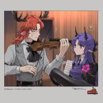  1boy 1girl ? animal_ears antlers arknights ascot black_ascot black_gloves black_jacket black_necktie black_ribbon border closed_eyes closed_mouth collared_shirt corsage czerny_(arknights) deer_antlers deer_boy deer_ears english_text flower furrowed_brow gloves grey_border grey_vest hair_ribbon half_updo hibiscus_(arknights) hibiscus_the_purifier_(arknights) highres holding horns indoors infection_monitor_(arknights) instrument instrument_case jacket long_hair long_sleeves looking_at_another monocle music music_stand necktie noshima open_clothes open_jacket orange_hair parted_bangs pink_flower playing_instrument pointy_ears purple_hair purple_vest ribbon scowl sheet_music shirt smile spoken_question_mark squiggle upper_body vest violet_eyes violin white_shirt 