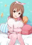  1girl absurdres blush bob_cut breasts brown_eyes brown_hair buchi_(y0u0ri_) clouds collarbone crescent_moon cushion dot_nose floral_print food green_background hagiwara_yukiho hairband heart heart_pillow highres idolmaster idolmaster_(classic) idolmaster_million_live! idolmaster_million_live!_theater_days knees_together_feet_apart long_sleeves looking_at_viewer macaron medium_breasts moon multiple_girls object_hug on_bed open_mouth pajamas pillow pillow_hug pink_hairband pink_pajamas polka_dot_pillow print_hairband print_pajamas sheep short_hair sitting smile solo star_(sky) striped_pillow 