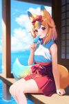  1girl absurdres animal_ears bare_shoulders blonde_hair blue_hair bow food fox_ears fox_girl fox_tail hair_bow highres holding holding_food holding_popsicle indie_virtual_youtuber japanese_clothes kimono multicolored_hair popsicle red_bow red_eyes red_skirt sakura_chiyo_(konachi000) short_hair skirt solo tail tongue tongue_out virtual_youtuber yamano_kayo 