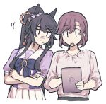  2girls bandaid bandaid_on_face bandaid_on_nose black_hair bow bowtie brown_hair crossed_arms female_trainer_(umamusume) grey_shirt holding holding_tablet_pc jitome long_hair motion_lines mouth_hold multiple_girls narita_brian_(umamusume) ponytail purple_shirt rope sailor_collar school_uniform shimenawa shirt short_hair short_sleeves simple_background skirt stalk_in_mouth tablet_pc tracen_school_uniform umamusume upper_body uruimu white_background white_skirt |_| 