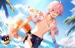  1boy absurdres artist_name beach bishounen blue_sky highres jewelry kiyukumaa male_focus necklace open_clothes open_shirt outdoors shirt short_hair shorts shoto_(vtuber) sky smile solo tagme toned toned_male violet_eyes white_hair 