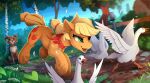  applejack bird blonde_hair dog feathered_wings goose green_eyes highres my_little_pony my_little_pony:_friendship_is_magic no_humans open_mouth outdoors pony_(animal) tree wings winona_(my_little_pony) yakovlev-vad 
