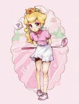  1girl ? aqua_belt aqua_eyes belt blonde_hair blush border breasts breasts_apart buttons collared_shirt crown earrings eyelashes eyeshadow film_grain flutterinreallife full_body heart highres jewelry long_hair looking_at_viewer makeup mario_golf mario_golf:_super_rush mario_golf:_world_tour mascara official_alternate_costume outline peach_gardens_(mario) pink_background pink_border pink_eyeshadow pink_footwear pink_shirt polo_shirt princess_peach princess_peach&#039;s_castle shirt shoes short_sleeves sidelocks skirt small_breasts sneakers socks solo sparkle speech_bubble spoken_heart spoken_question_mark standing super_mario_bros. watermark white_outline 