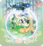  animal_focus artist_logo blue_butterfly blurry blurry_background bug butterfly cub day deer flower forest light_particles longestdistance moss mushroom nature no_humans orb original outdoors pink_flower plant sleeping tree 