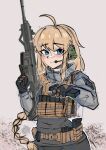  1girl absurdres ahoge blue_eyes blush closed_mouth combat_shirt cowboy_shot cz_bren-2 ear_protection gloves headset highres holding holding_magazine indie_virtual_youtuber load_bearing_vest long_hair looking_at_viewer magazine_(object) plate_carrier sketch smile solo tascalate virtual_youtuber whiskey_project 